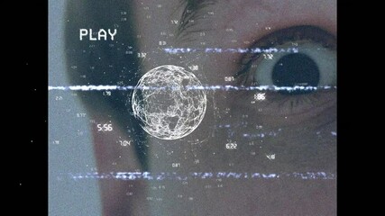 Poster - Animation of play digital interface on screen with network of connections and globe over man's eye