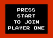 © Grenar - A message on a computer screen: press start to join player one. 8-bit retro font, white text inside a black box, red background.