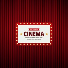 Cinema Theatre Sign Frame On Retro Red Curtain Illustration Background