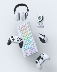 Poster - flying gamer gears like mouse, keyboard, joystick, headset, vr, web camera