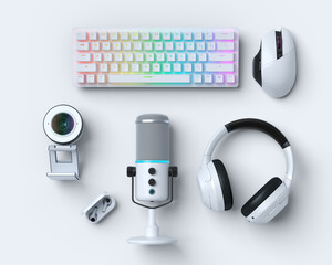 Poster - Top view gamer gears like mouse, keyboard, web camera, headphones and microphone