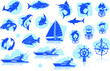 Fish, Yacht, Ocean Life Silhouettes Set