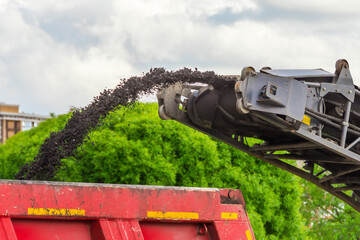 Road cold milling machine removes the old asphalt and loading into a dump truck. Repair of asphalt pavement of the road.