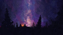 Two Men Set Up Camp In The Forest, A Fire Is Burning, In The Sky There Are Stars And A Milky Way, 2D Illustration 