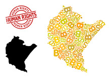 Textured Human Rights Seal, And Bank Mosaic Map Of Podkarpackie Province. Red Round Seal Includes Human Rights Caption Inside Circle. Map Of Podkarpackie Province Mosaic Is Created Of Investment,