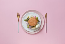 Burger with flowers on plates