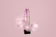 Pink Lipstick Surrounded By Pastel Fluffy Clouds