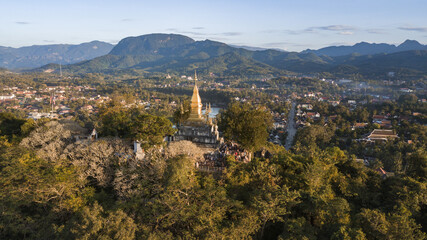 Wall Mural - Drone aerial view of Luang Prabang an UNESCO World Heritage city in Laos.