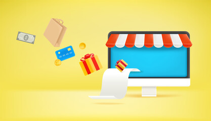 Poster - Modern computer with paper check. Online shopping concept