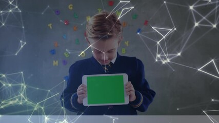 Sticker - Animation of network of connections with schoolboy using tablet