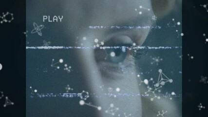 Poster - Animation of play digital interface on screen with molecules over woman's face