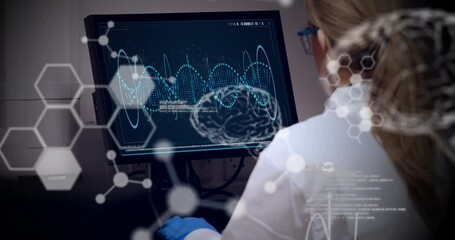 Poster - Animation of scientific data processing over female scientist using computer