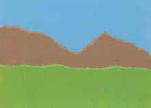 Green Pasture And Distant Mountains Under Blue Sky. Torn Textured Paper Landscape Illustration.
