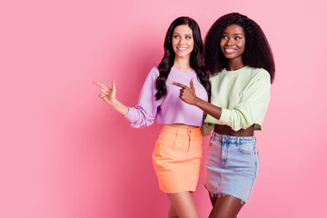 Photo of attractive beautiful young girls look point finger empty space advert isolated on pink color background