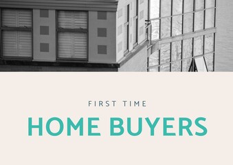 Poster - Composition of home buyers text in blue, with monochrome apartment block, on white