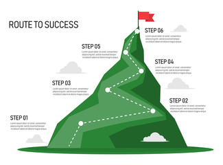 six step mountain infographic. path to top of mountain. business strategy to success. climbing route