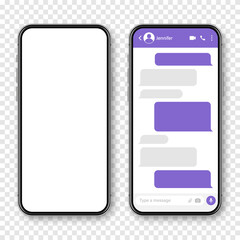 Realistic smartphone with messaging app. Blank SMS text frame. Conversation chat screen with violet message bubbles. Social media application. Vector illustration.