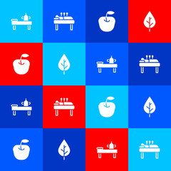 Sticker - Set Massage table with oil, Acupuncture therapy, Apple and Leaf icon. Vector