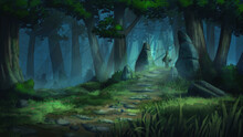 An Ancient Path Leads To A Moonlit Idol Standing Inside A Stone Arch In A Magical Forest, Trees And Stones Around, 2D Illustration