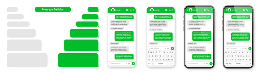 Realistic smartphone with messaging app. Blank SMS text frame. Conversation chat screen with green message bubbles. Social media application. Vector illustration.