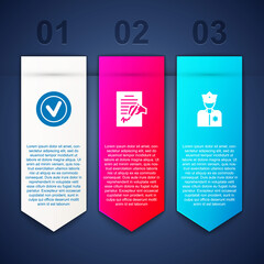 Set Check mark in round, Petition and Police officer. Business infographic template. Vector