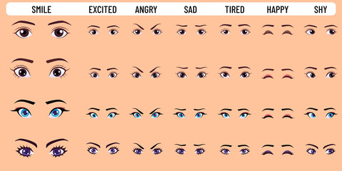 Cartoon woman Eye Collection Expressing Different Emotions