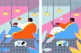 Fototapeta  - Business team characters discussing idea, debating, giving lecture, thinking, drinking coffee, working on laptop computers. Vector flat isolated illustration. Teamwork, office scene collection.