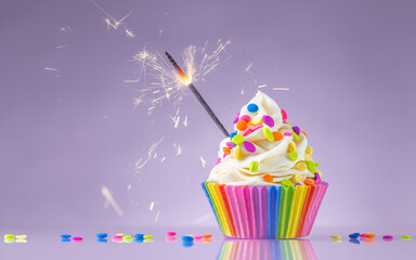 Wall Mural - Birthday cupcake. Rainbow Cup Liners. Sparklers or fireworks Burning in a cake. Happy Birthday Gay, lesbian. LGBT pride. Tasty baking cupcakes or muffin with white cream icing and colored sprinkles.