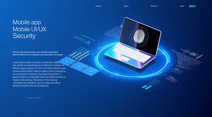 Poster - Security Data Protection concept on blue laptop. Isometric digital protection mechanism, system privacy.  Application of pc and smartphone with business graph and analytics data. 