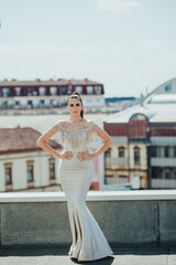 Poster - Young female in an elegant dress posing at camera on the roof