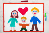 Fototapeta Tulipany - Colorful drawing:  Happy smiling family. Mother, father and their son.
