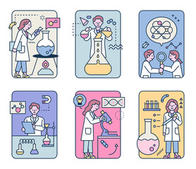 Poster - Cute scientist characters are doing various experiments with their own experimental equipment. flat design style minimal vector illustration.