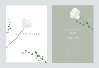 Wall Mural - Minimalist foliage wedding invitation card template design, white rose and green Siamese rough bush leaves