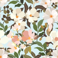  Vintage flowers. Seamless pattern. A branch of a blossoming tree. Flat vector isolated illustration. Pastel colors.