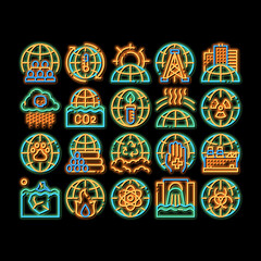 Sticker - Environmental Problems neon light sign vector. Glowing bright icon Environmental Problem, Industrial Pollution, Contamination Pictograms. Greenhouse Effect, Global Warming, Climate Change