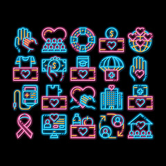 Poster - Volunteers Support neon light sign vector. Glowing bright icon Volunteers Support, Charitable Organizations Pictograms. Blood Donor, Food Donations, Financial Help, Humanitarian Aid Illustrations