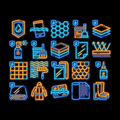 Poster - Waterproof Materials neon light sign vector. Glowing bright icon Waterproof Material For Personal, Industrial Use Pictograms. Water Resistant Device, Clothes, Moisture Absorbing Substance