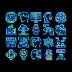 Wall Mural - Artificial Intelligence neon light sign vector. Glowing bright icon Artificial Intelligence Details Binary Code, Robot, Light Bulb Pictograms. Fingerprint, Microchip, Assembly Illustrations