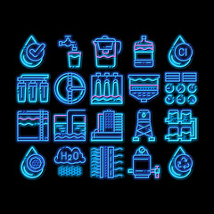 Wall Mural - Water Treatment Items neon light sign vector. Glowing bright icon Filter And Cleaning System Water Treatment Elements From Microbe Germs Pictograms. Rain Cloud And Pump Station Illustrations