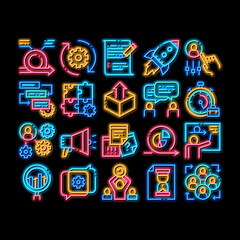 Poster - Scrum Agile Elements neon light sign vector. Glowing bright icon Agile Rocket And Document File, Gear And Package, Loud-speaker And Stop Watch Illustrations