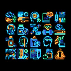 Poster - biohacking elements neon light sign vector. glowing bright icon meditation and brain, dna and helix,