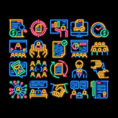 Poster - Contract Elements neon light sign vector. Glowing bright icon Human Silhouette And Hands, Handshake And Agreement Contract Document With Pen Illustrations