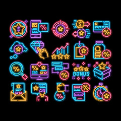 Poster - Bonus Hunting Elements neon light sign vector. Glowing bright icon Magnifier And Bag With Percent Mark, Star, Diamond And Bonus Coins In Bottle Illustrations