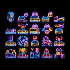 Poster - Car Theft Elements neon light sign vector. Glowing bright icon Car Theft On Truck, Thief Silhouette Near Motorcycle And Van, Signaling And Electronic Key Illustrations