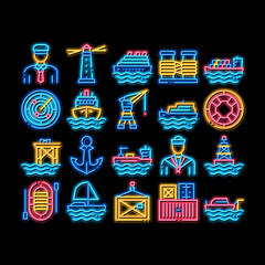 Poster - Marine Port Transport neon light sign vector. Glowing bright icon Port Dock And Harbor, Lighthouse And Anchor, Captain And Sailor, Crane And Ship Illustrations
