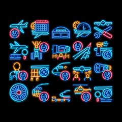 Poster - Aircraft Repair Tool neon light sign vector. Glowing bright icon Aircraft Engine And Chassis, Helicopter And Airplane, Master And Hangar Illustrations