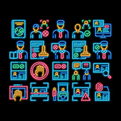 Poster - Passport Control Check neon light sign vector. Glowing bright icon Scanning Passport And Stamp, Policeman And Book, Fingerprint And Document Illustrations