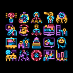 Poster - Mentor Relationship neon light sign vector. Glowing bright icon Human Holding Key And Gear, Stopwatch And Mountain With Flag, Mentor Illustrations