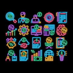 Poster - Investor Financial neon light sign vector. Glowing bright icon Investor With Money Dollar And Lightbulb, Brain With Percentage Mark And Document Illustrations
