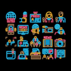 Poster - journalist reporter neon light sign vector. glowing bright icon journalist and hand with microphone,